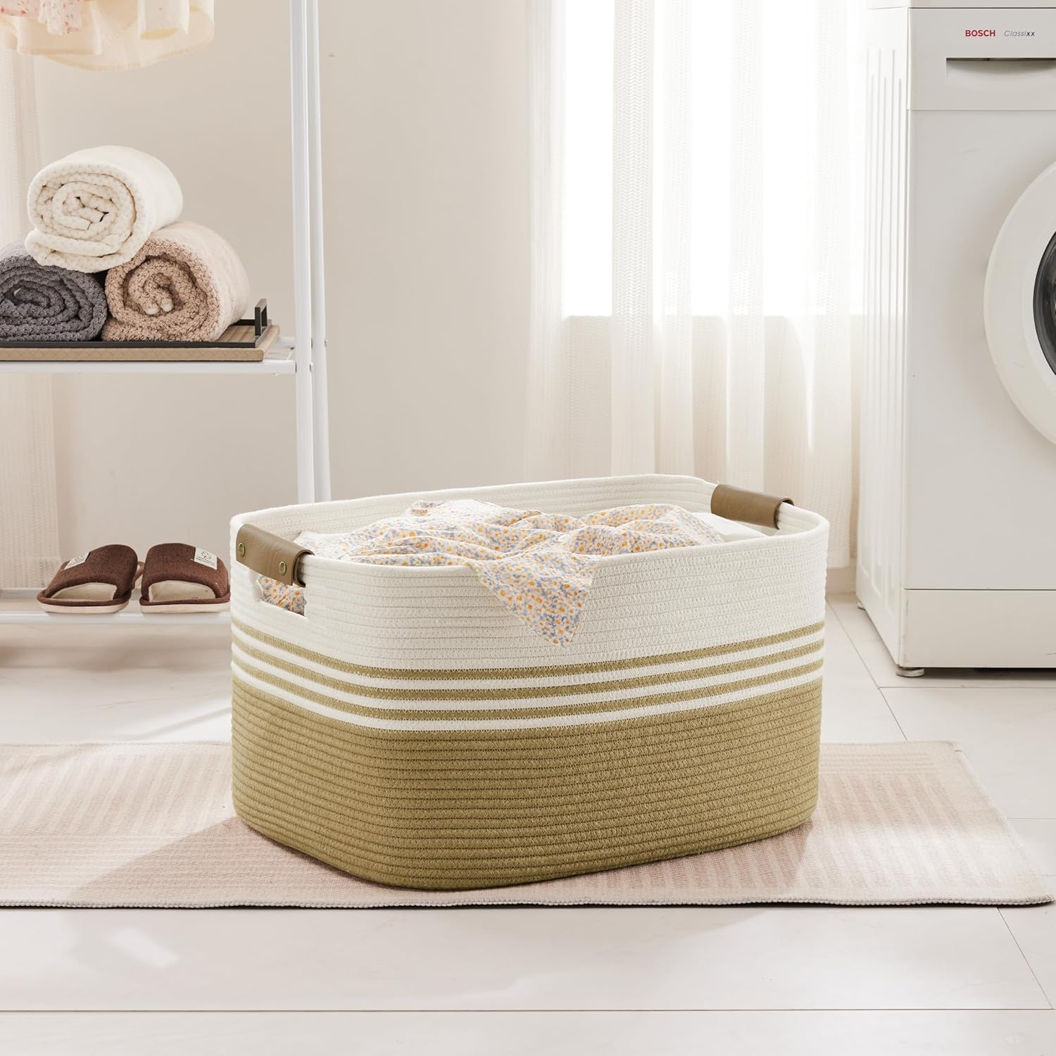 72L Large Laundry Basket with Leather Handles for Living Room Storage, Woven Rope Baskets Bin for