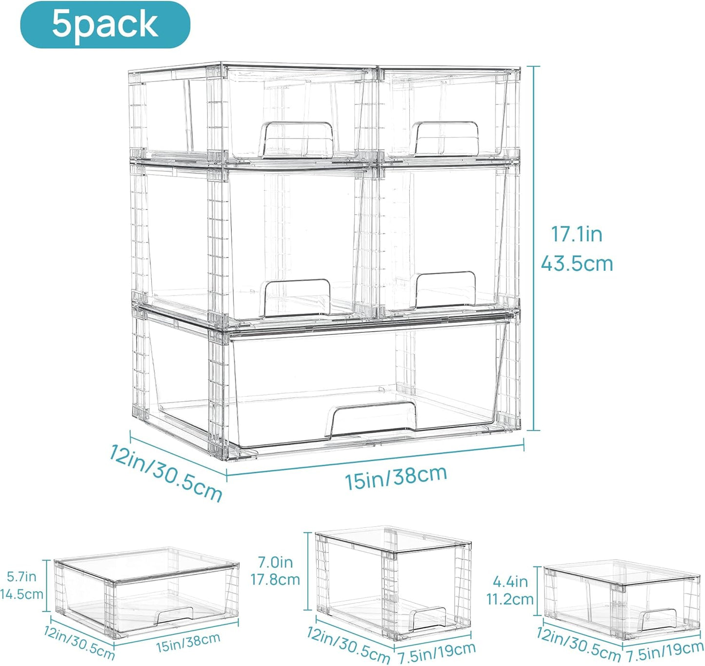 Vtopmart Clear Stackable Storage Drawers Set of 5, Easily Assemble Acrylic Bathroom Undersink