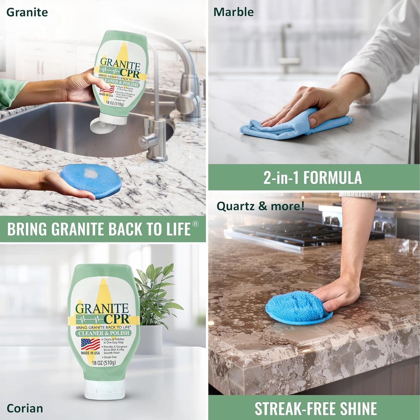 Granite CPR Cleaner & Polish Can Be Used Daily On Granite, Marble, Quartz & Corian. Leaves A