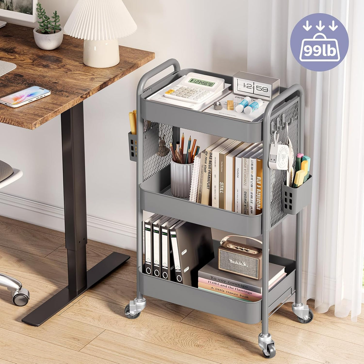 TOOLF 3 Tier Rolling Cart Storage Organizer, Metal Rolling Utility Cart with Wheels, Hooks & Bins