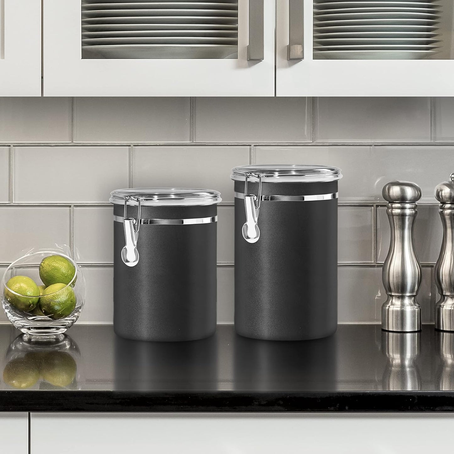 Oggi Stainless Steel Kitchen Canister 62 fl oz, Black - Airtight Clamp Lid, Clear See-Thru Top
