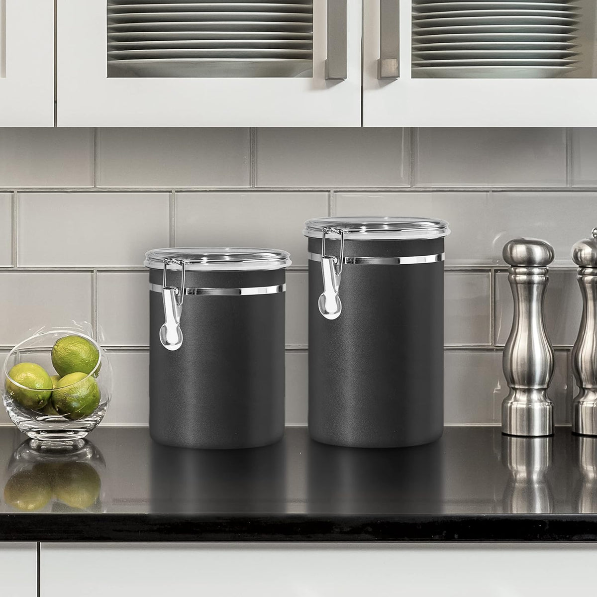 Oggi Stainless Steel Kitchen Canister 26 fl oz, Black - Airtight Clamp Lid, Clear See-Thru Top