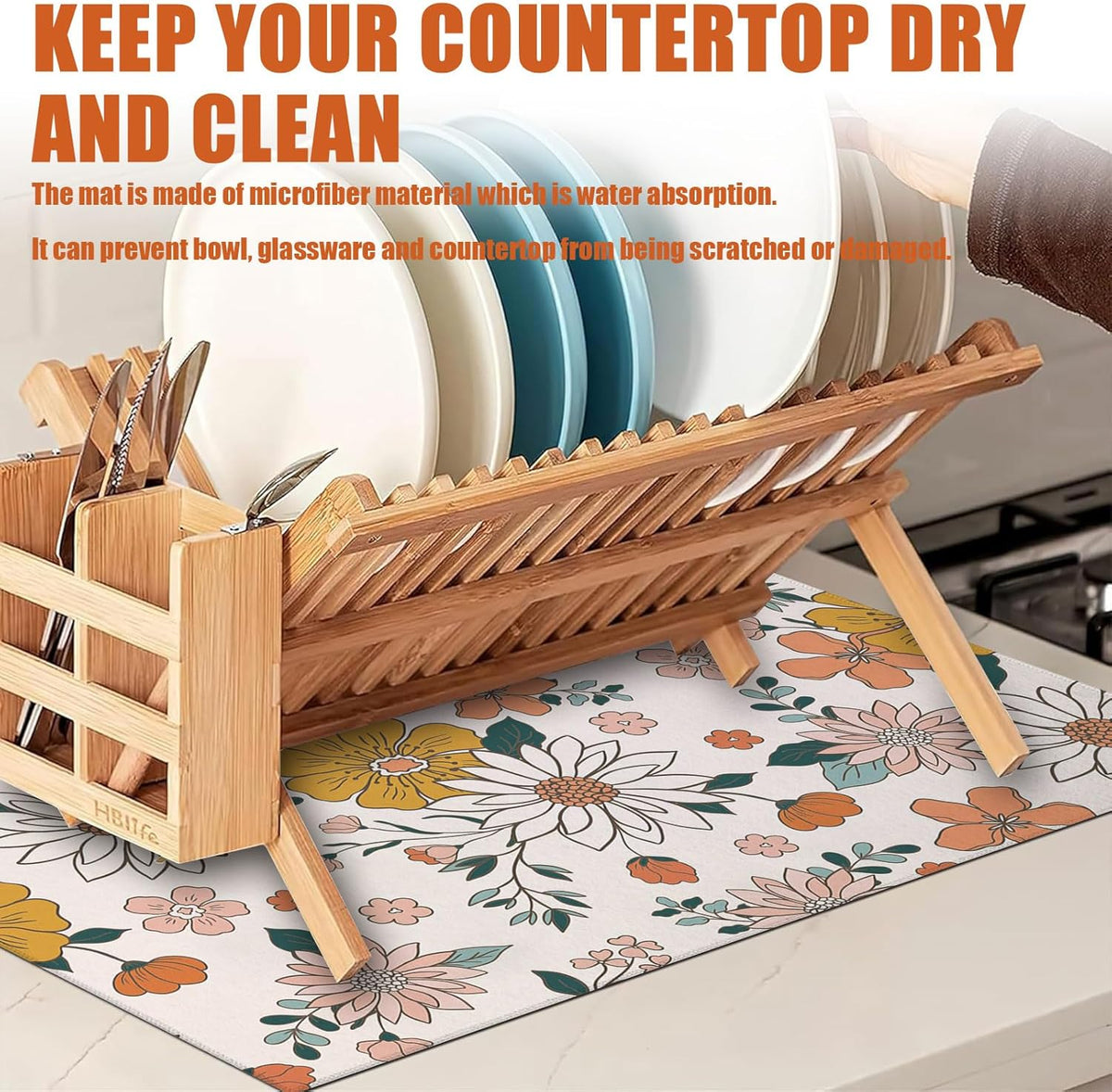 Boho Flower Dish Drying Mat for Kitchen Counter Microfiber Absorbent Dish Kitchen Drying Mat