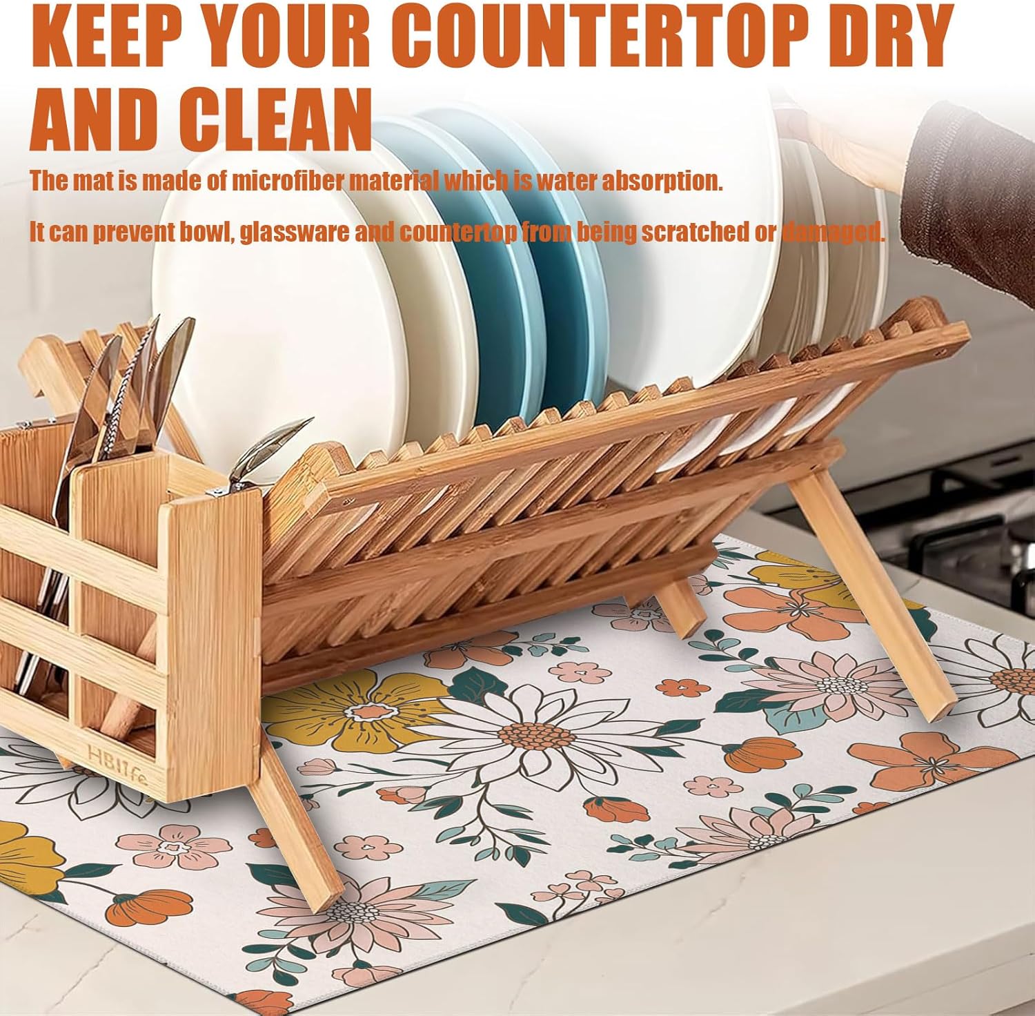Boho Flower Dish Drying Mat for Kitchen Counter Microfiber Absorbent Dish Kitchen Drying Mat