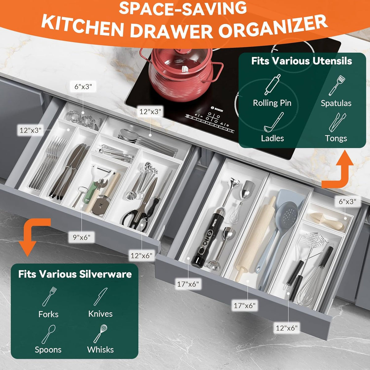 Kitchen Drawer Organizer - 2 Pack, Stackable Bamboo Drawer Organizers, Wooden Storage Box Tray for