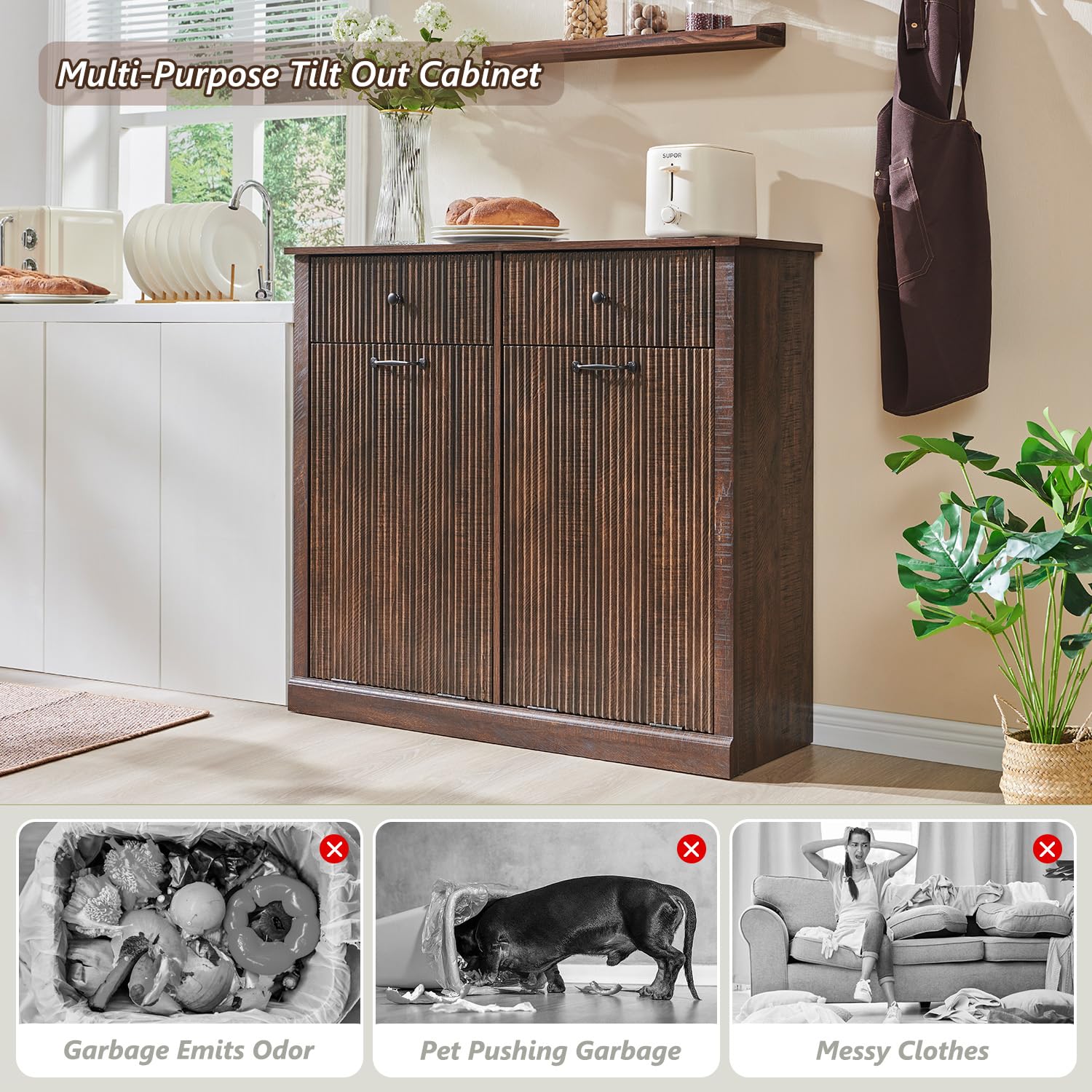 Modern Double Tilt-Out Trash Cabinet, 20 Gallon Fluted Laundry Hamper Cabinet with 2 Drawers