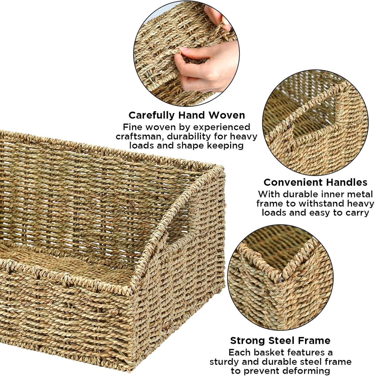 Ollieroo Natural Seagrass Storage Baskets, Handwoven Wicker Storage Bins with Built-in Handles