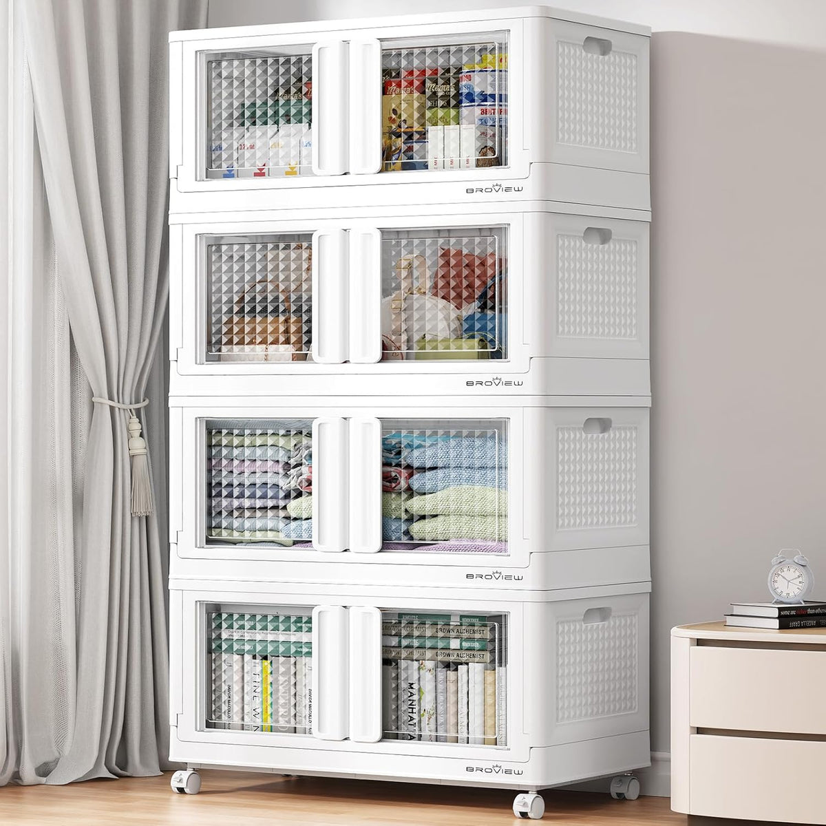 BROVIEW 400 Qt Stackable Storage Bins with Lids & Doors, 4 Pack Plastic Closet Organizer and