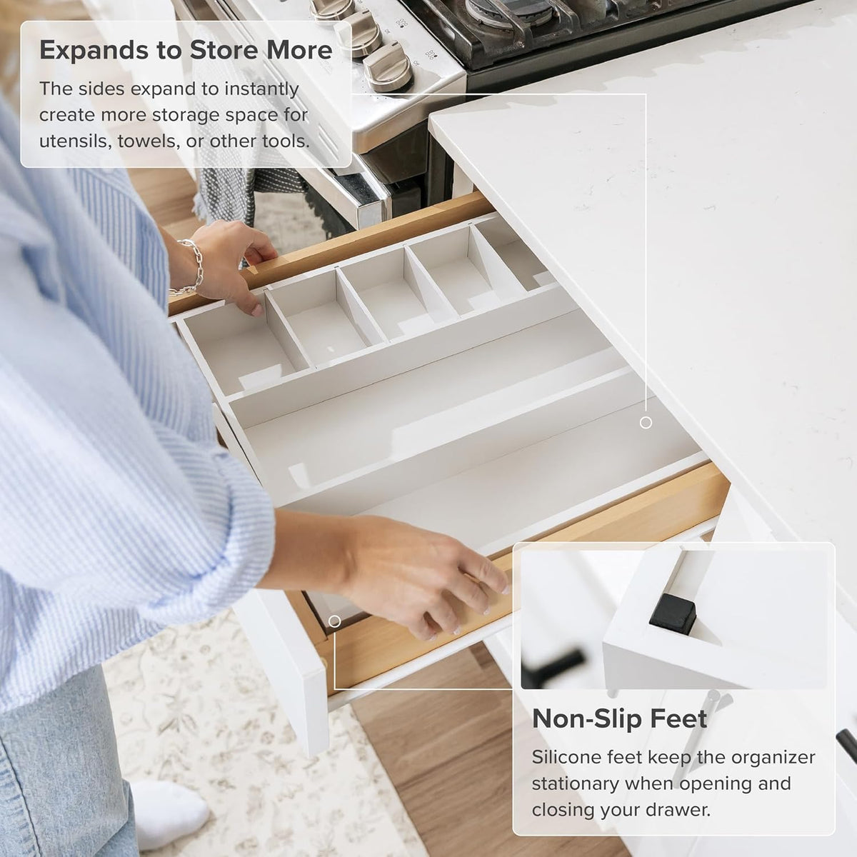 KitchenEdge Adjustable Kitchen Drawer Organizer for Utensils and Junk, Food-Safe Contract Grade