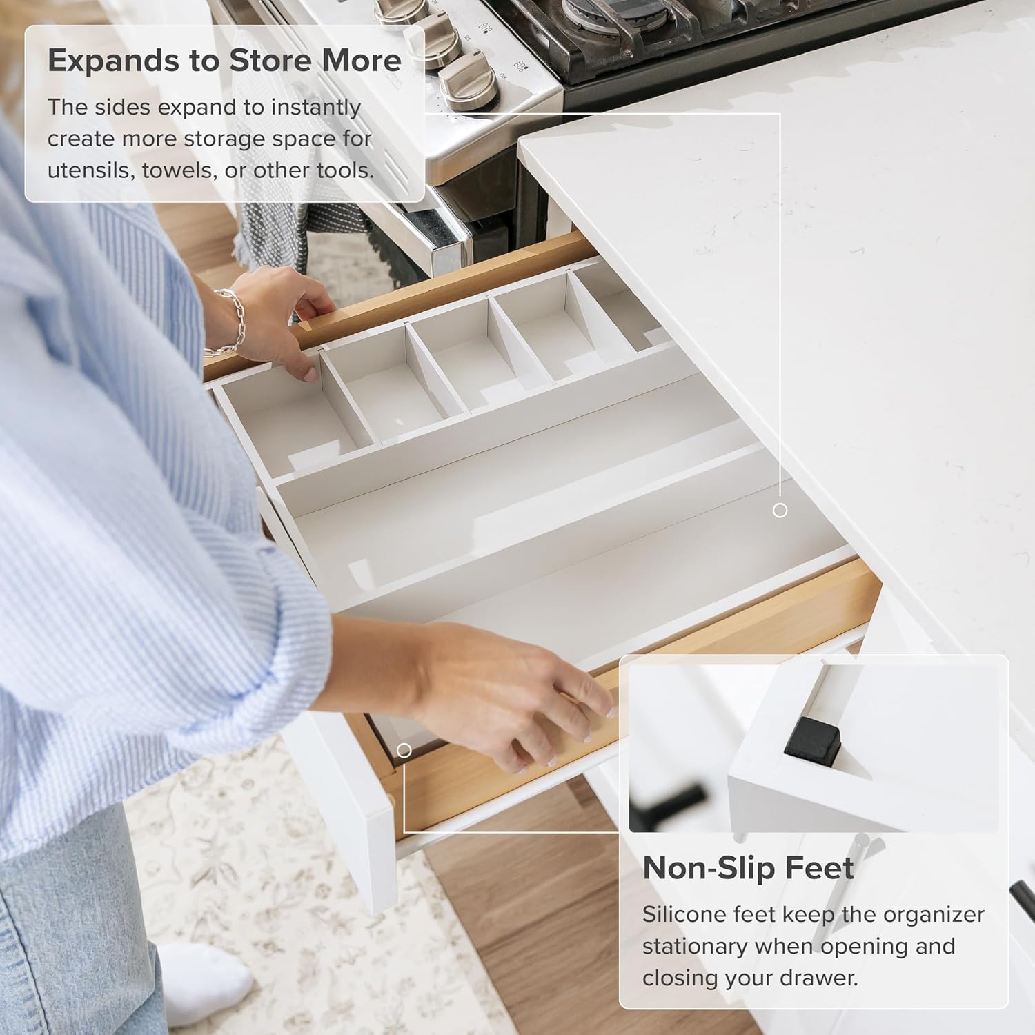 KitchenEdge Adjustable Kitchen Drawer Organizer for Utensils and Junk, Food-Safe Contract Grade