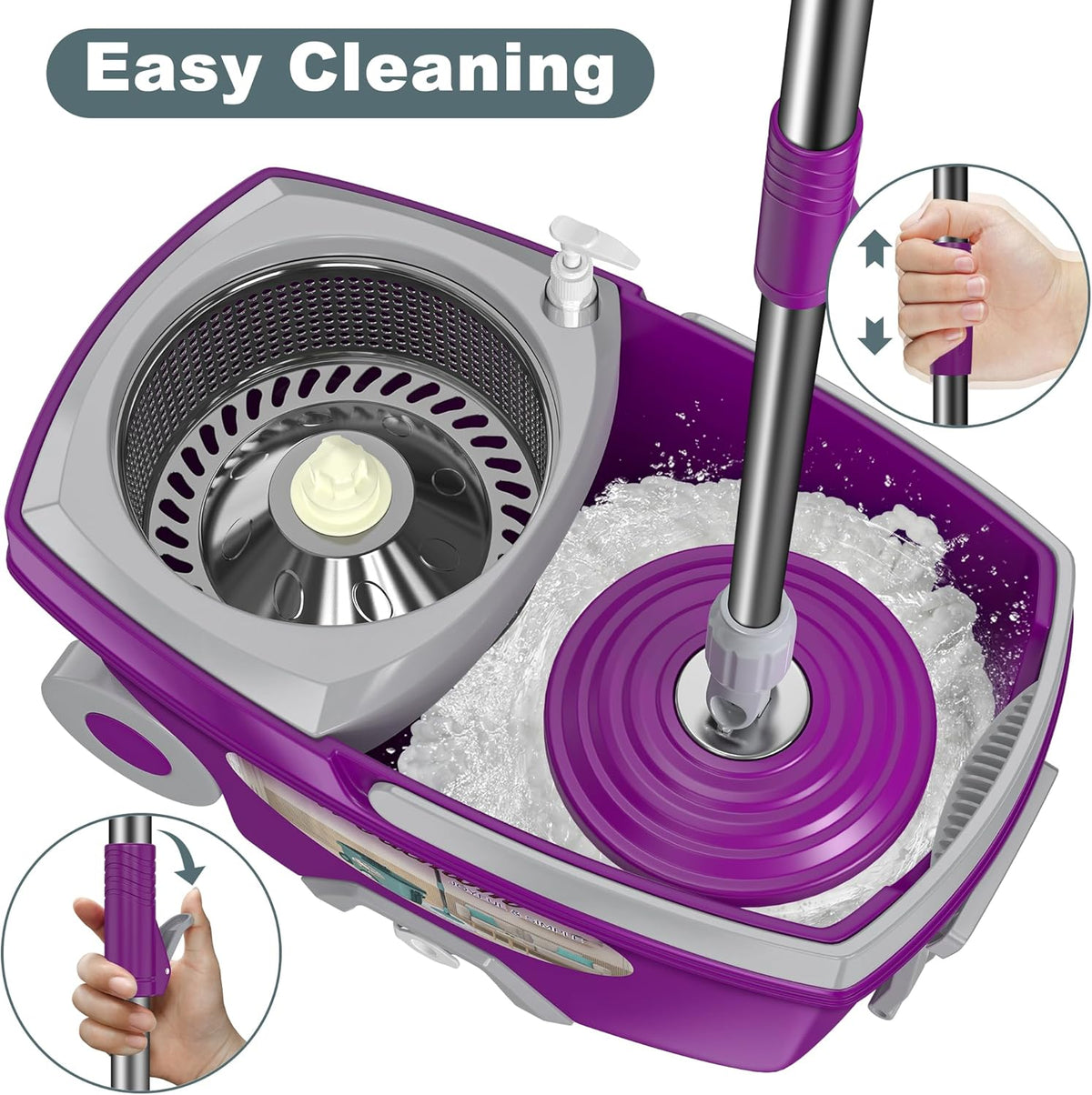 Dual Compartment Spin Mop and Bucket, Mop and Bucket with Wringer Set,360°Rotating Spinning Mopping