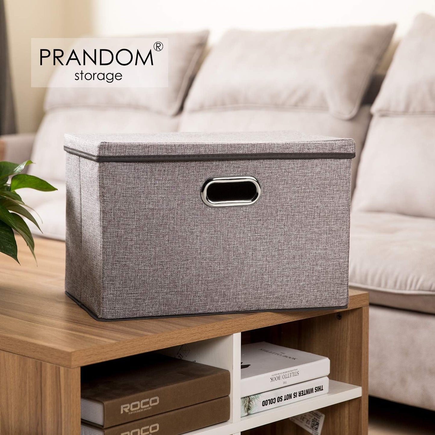PRANDOM Large Foldable Storage Bin with Lid [1-Pack] Linen Fabric Decorative Storage Box Organizer