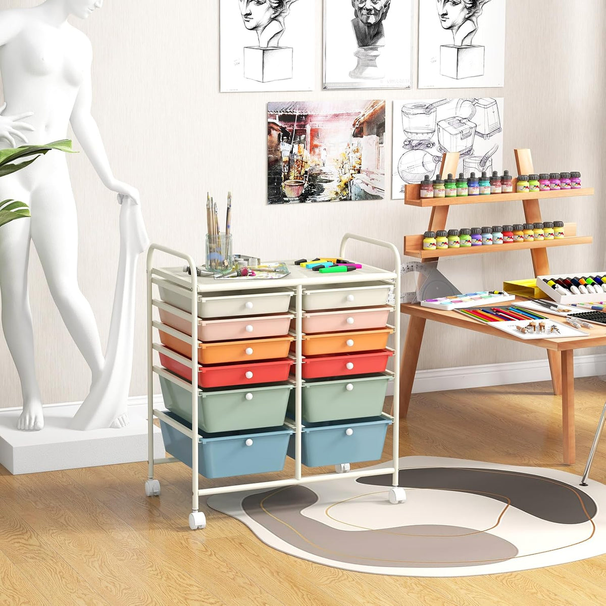GOFLAME 12-Drawer Rolling Storage Cart, Multipurpose Organizer with 2 Sizes Plastic Drawers, Mobile
