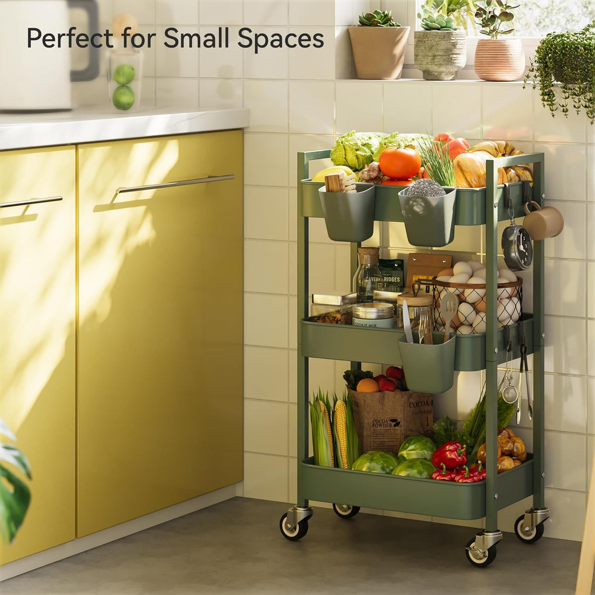 3 Tier Rolling Cart,Utility Cart with Locking Wheels, Hanging Cups,&Hooks, Heavy Duty Metal Storage