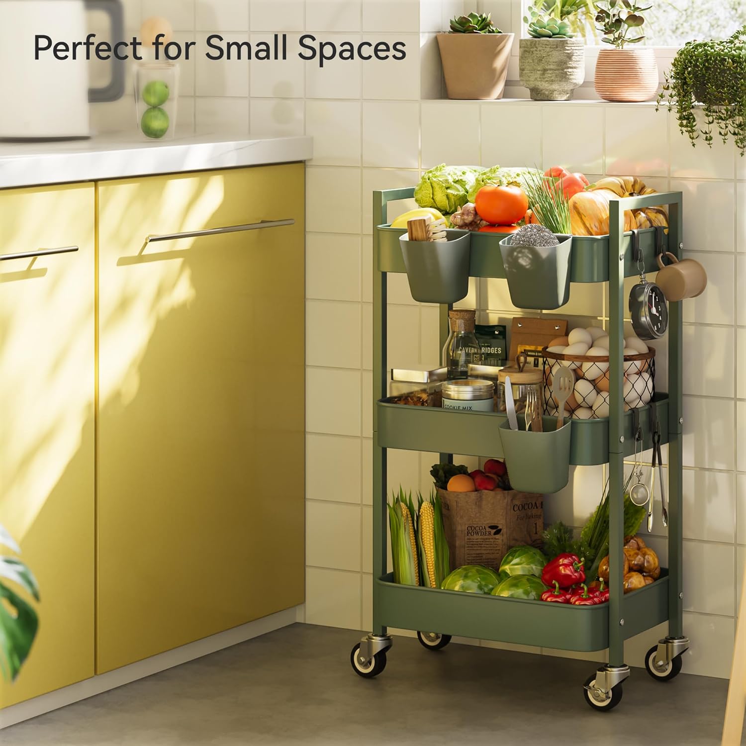 3 Tier Rolling Cart,Utility Cart with Locking Wheels, Hanging Cups,&Hooks, Heavy Duty Metal Storage