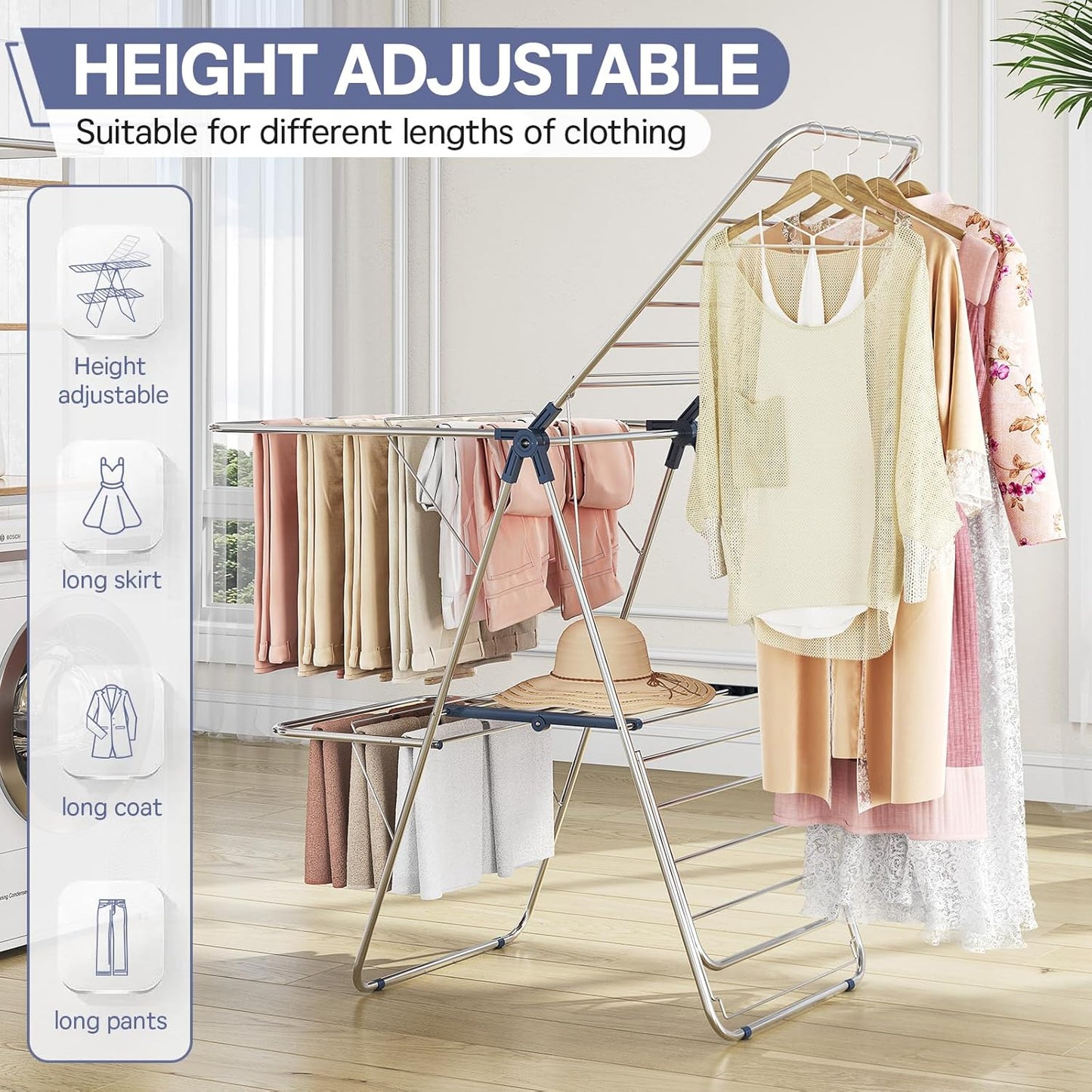 APEXCHASER Clothes Drying Rack with 4 Wings, Stainless Steel Drying Rack Clothing with