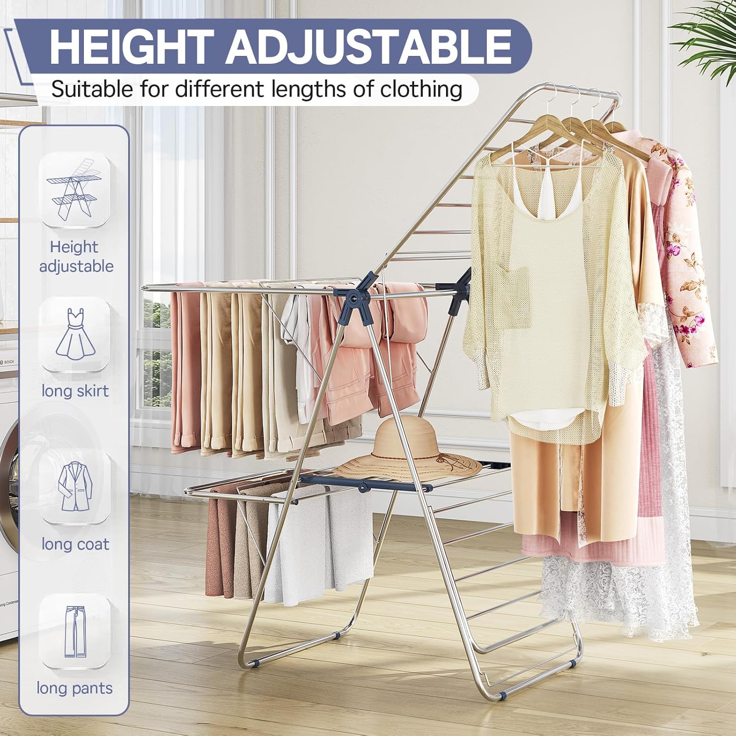 APEXCHASER Clothes Drying Rack with 4 Wings, Stainless Steel Drying Rack Clothing with