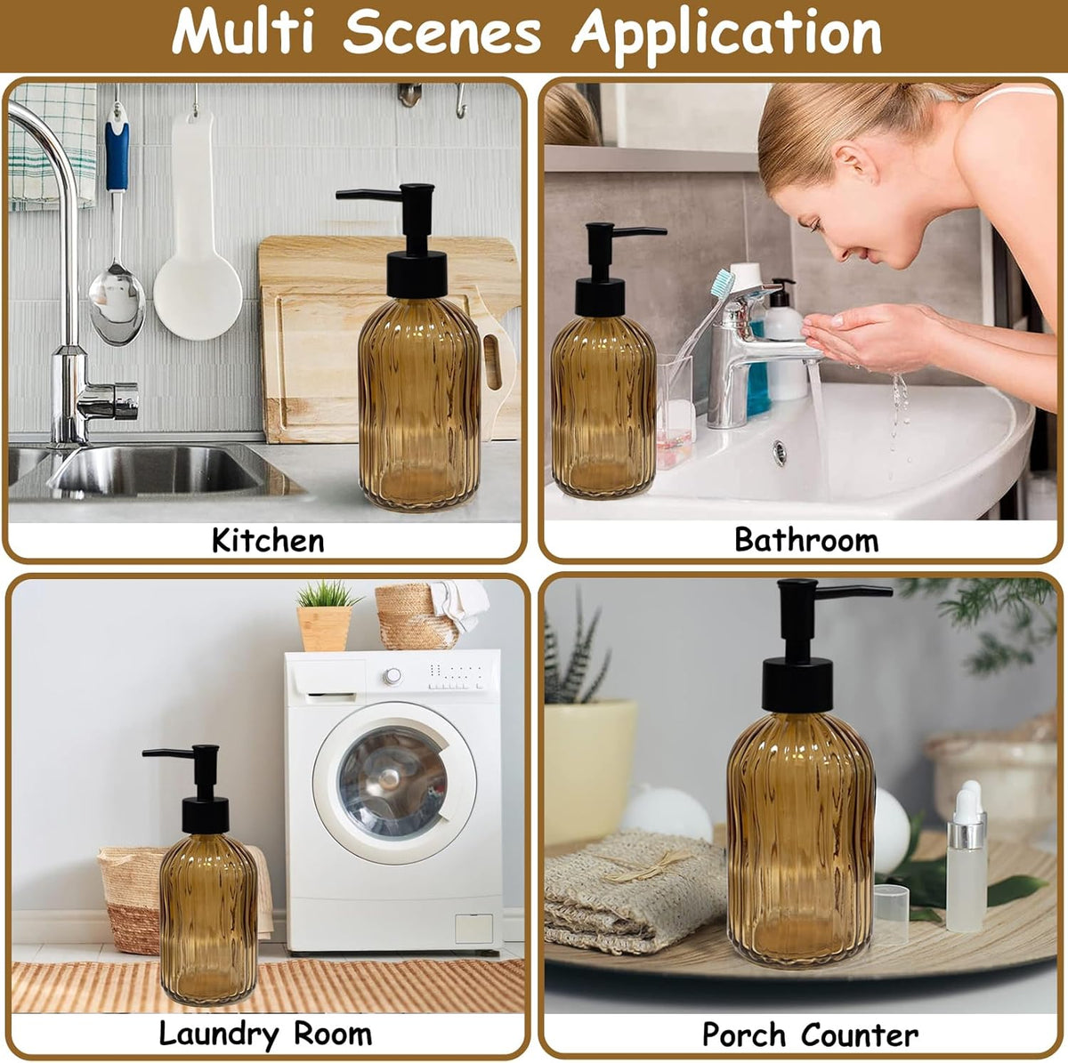 Black Pump Glass Soap Dispenser, 13.5oz Brown Stripe Countertop Refillable Liquid Bottle Hand Dish