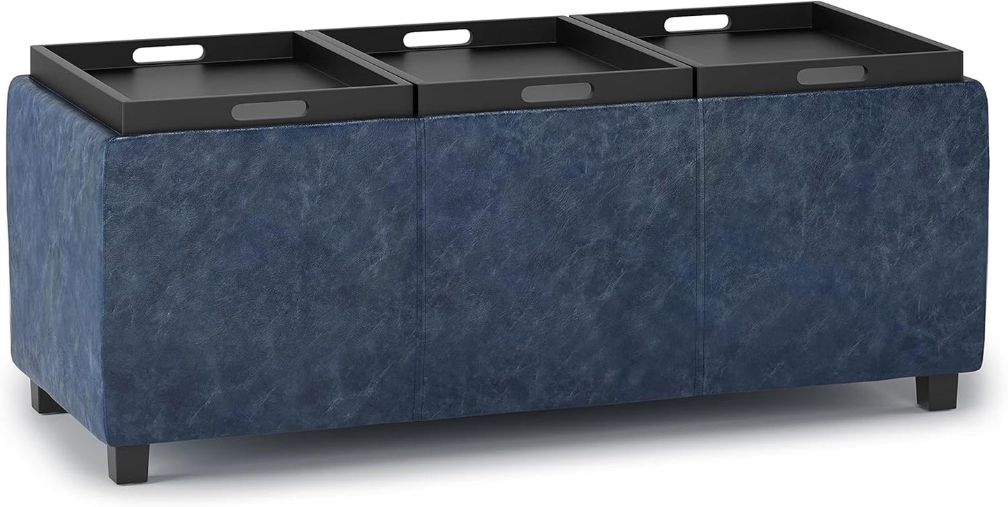 SIMPLIHOME Avalon 42 inch Wide Contemporary Rectangle Storage Ottoman in Denim Blue Vegan Faux