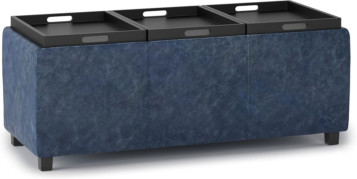 SIMPLIHOME Avalon 42 inch Wide Contemporary Rectangle Storage Ottoman in Denim Blue Vegan Faux