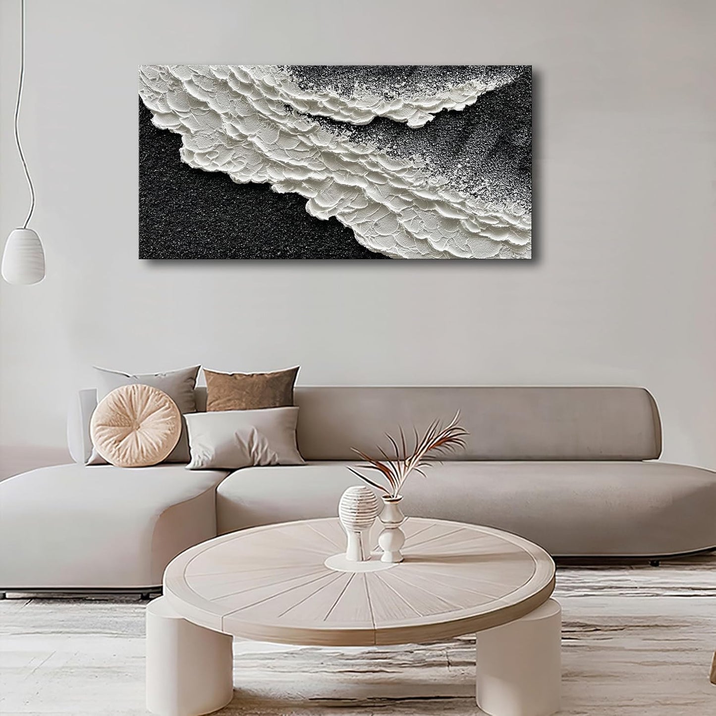 NANKAI 24x48 Inch Hand Painted 3D Ocean Wave Landscape Oil Painting Black and White Abstract Canvas