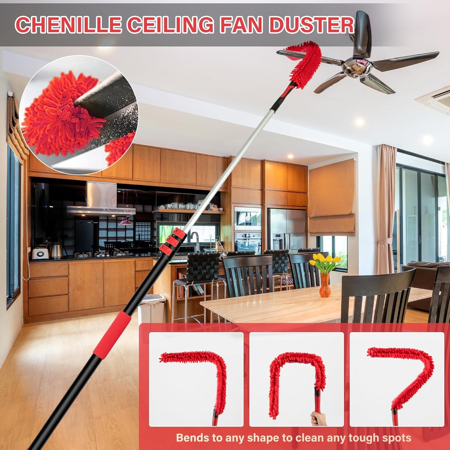 5-12 FT Extension Pole with 2 Outdoor Cobweb Brushes, 20 FT High Reach Ceiling Fan Cleaner Duster