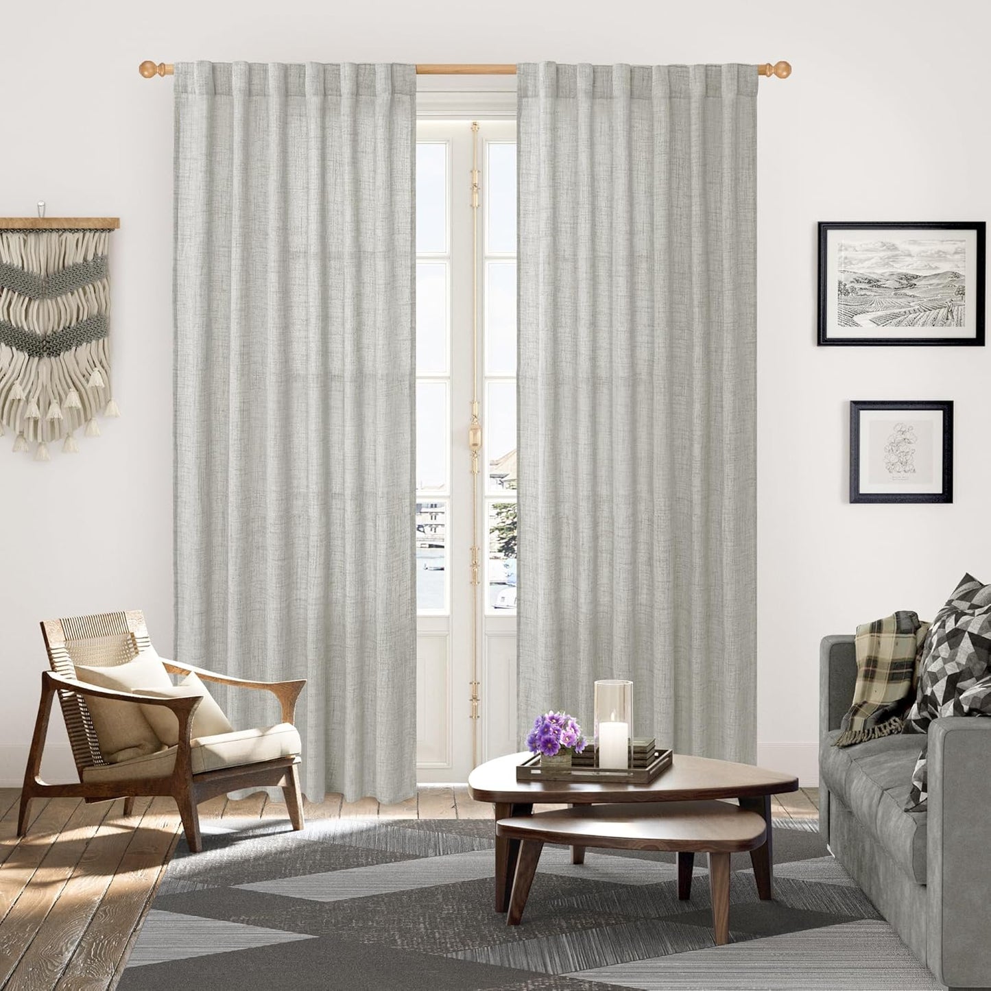 YoungsTex Light Grey Linen Semi Sheer Curtains 84 Inch Length for Living Room 2 Panels Set, Light