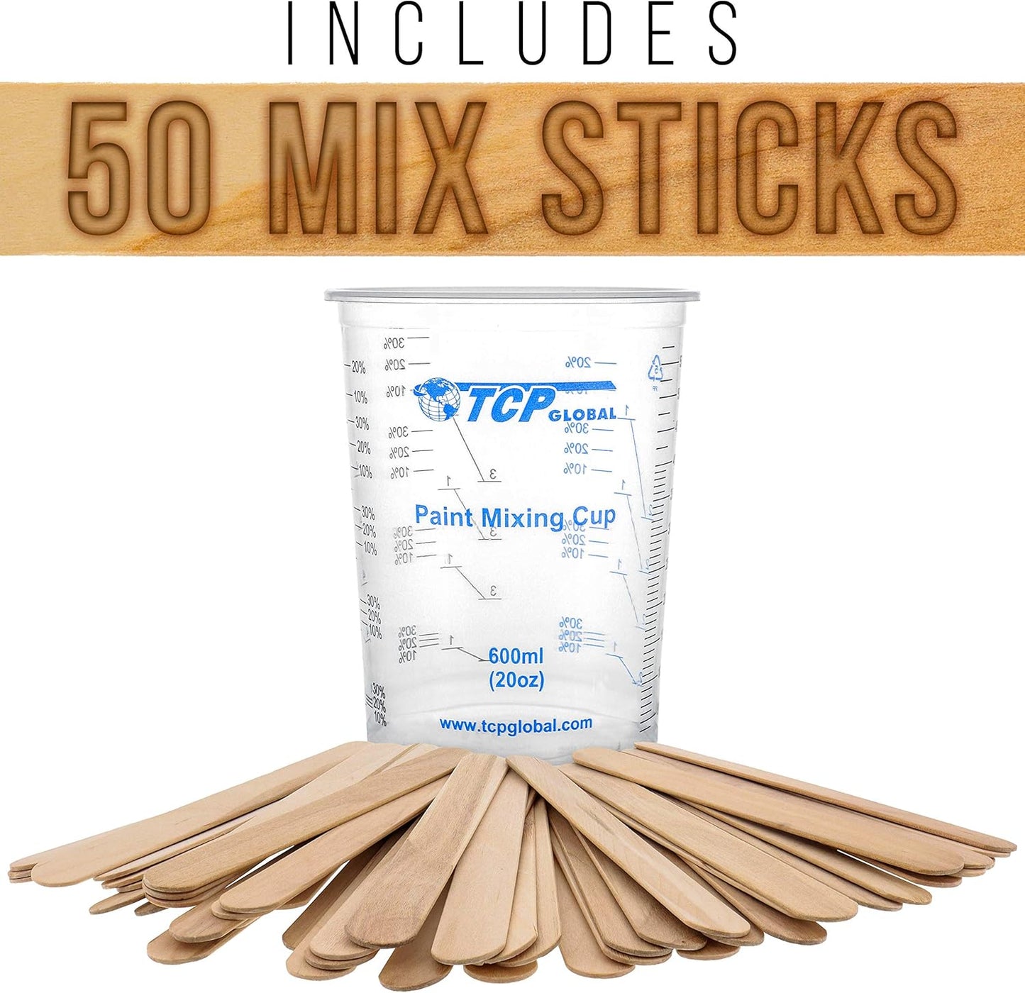 TCP Global 20 oz. (600ml) Graduated Plastic Mixing Cups - Box of 100 with 50 Mixing Sticks