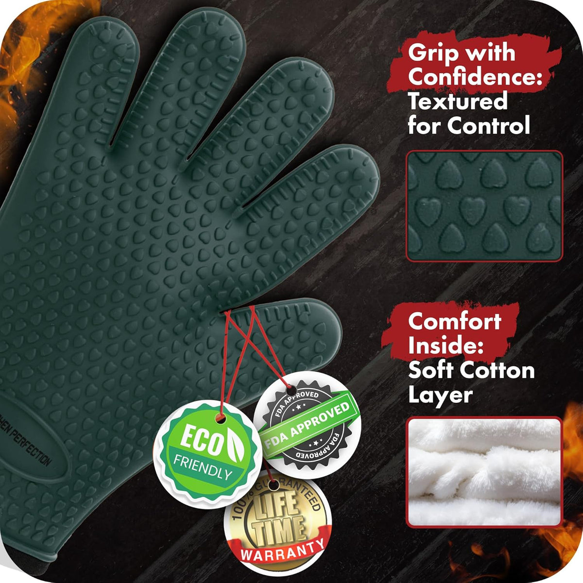 KITCHEN PERFECTION XL Silicone Smoker Oven Gloves-Extreme Heat Resistant BBQ Gloves-Handle Hot Food