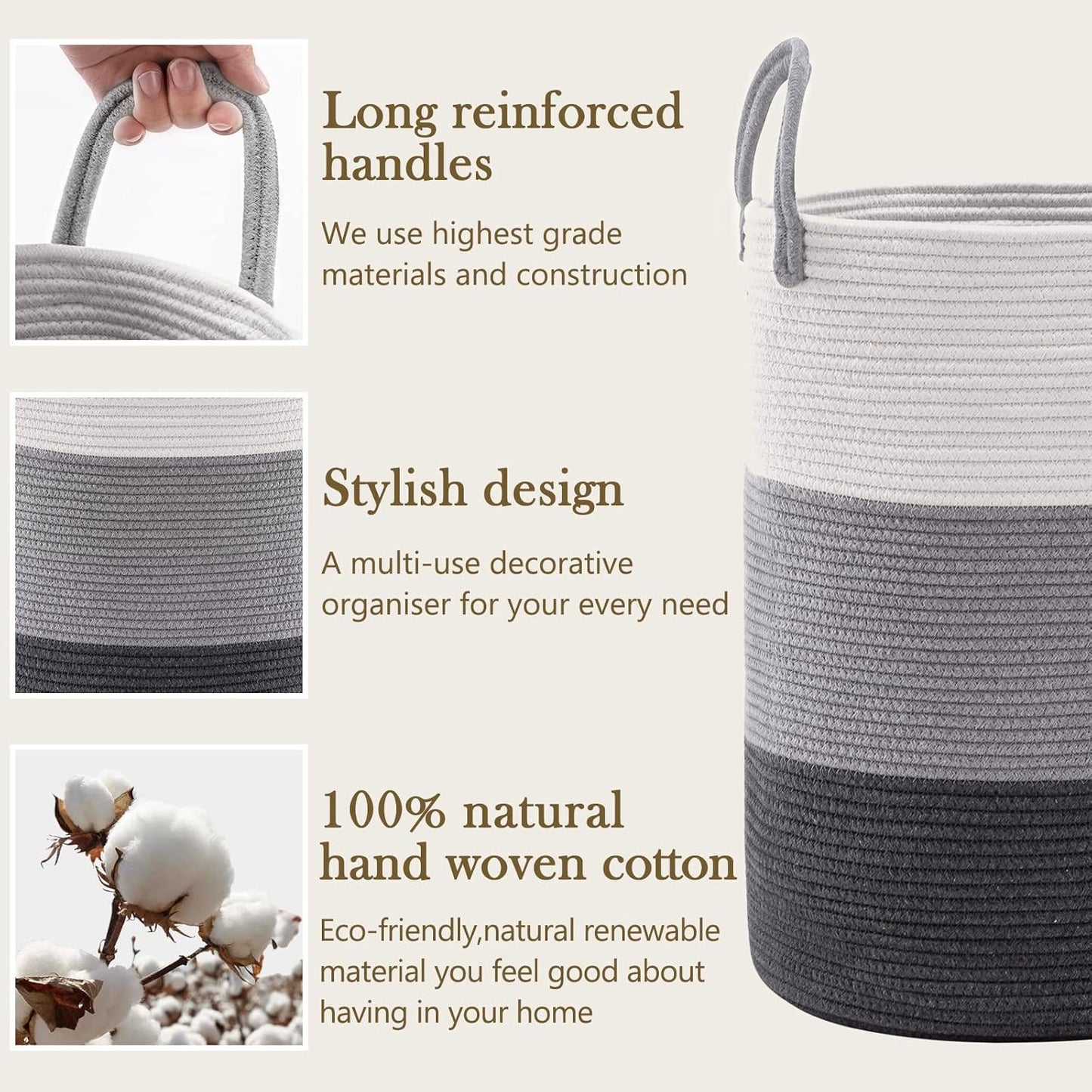 YOUDENOVA Woven Rope Laundry Hamper Basket, 58L Tall Luandry Basket, Baby Nursery Hamper for