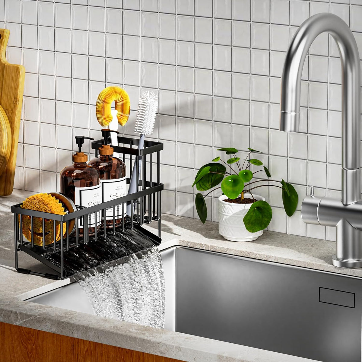 Cisily Extra Large Kitchen Sink Caddy Organzier with High Brush Holder, Sponge Holder for Sink, 304