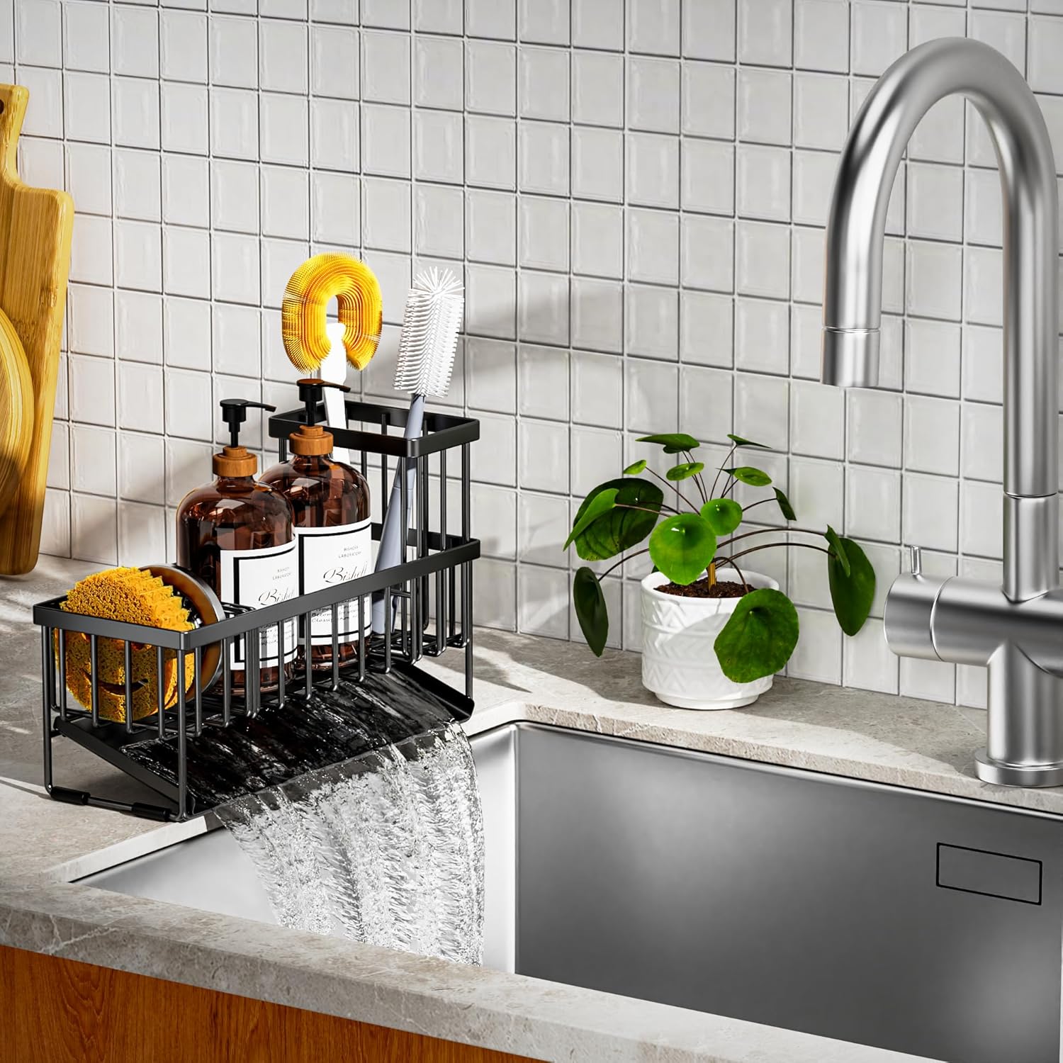 Cisily Extra Large Kitchen Sink Caddy Organzier with High Brush Holder, Sponge Holder for Sink, 304