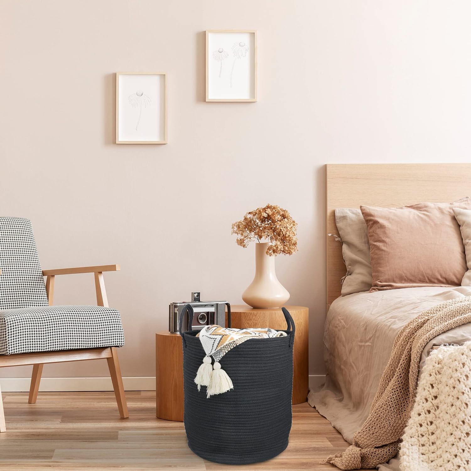 Black Cotton Rope Laundry Basket Hamper for Clothes Woven Storage Basket for Living Room Bedroom