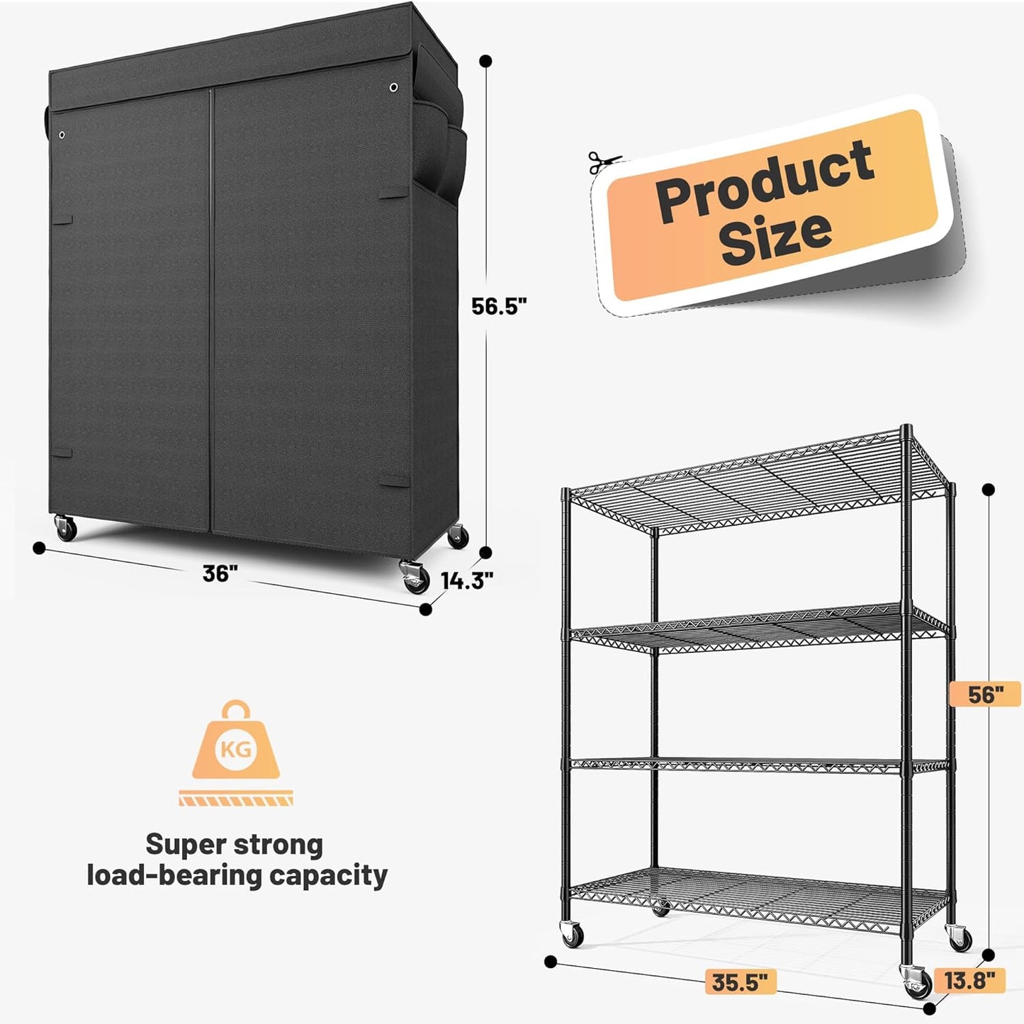 REIBII 4-Tier Storage Shelves Wire Shelving Unit with Cover & Wheels, Heavy Duty Metal Shelving for