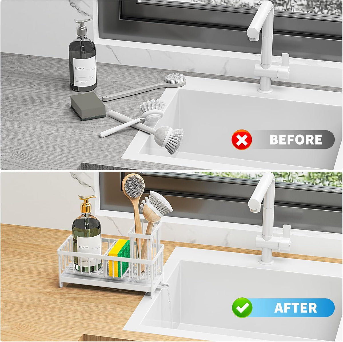 Cisily White Sponge Holder for Kitchen Sink, Sink Caddy Organizer with High Brush Holder, Kitchen