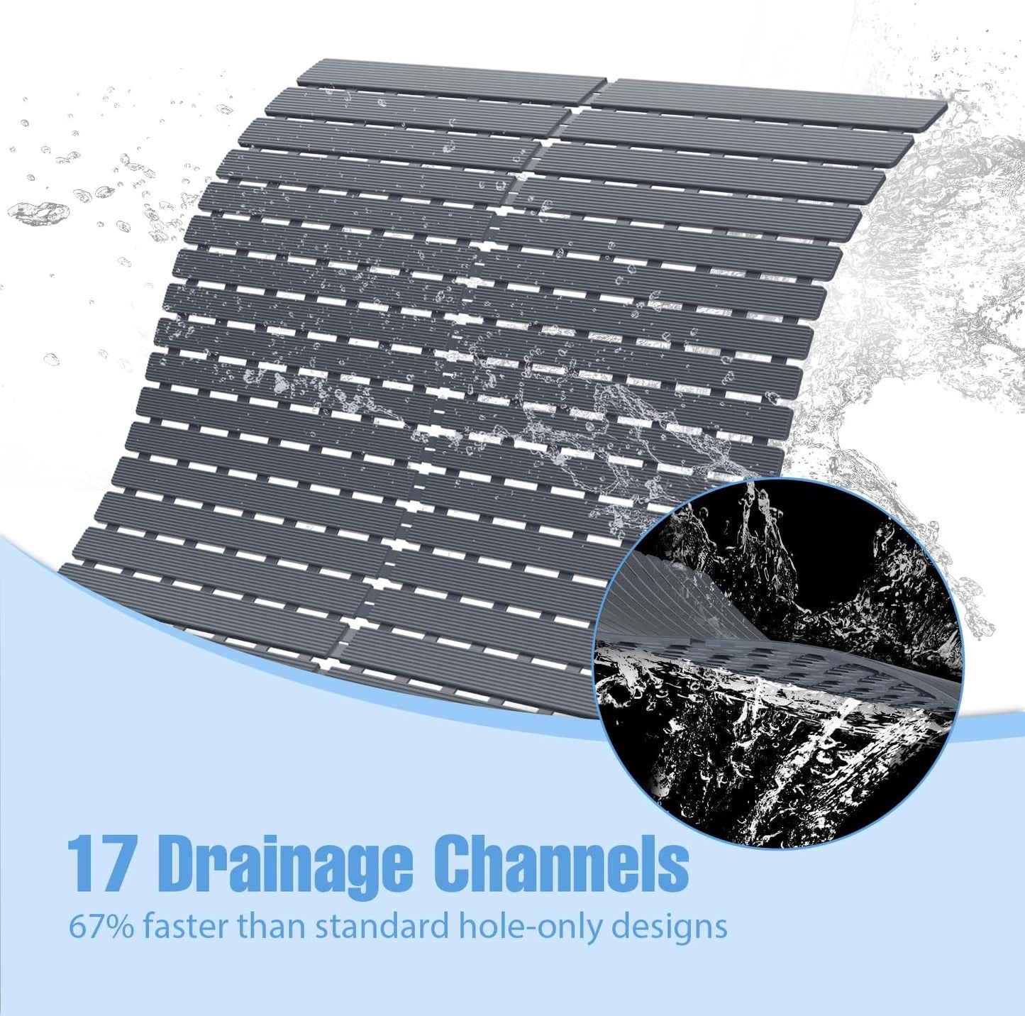 Shower Mat Non-Slip Bath Mat for Tub Floor & Stall with 200+ Suction Cups & Drain Holes, Quick Dry