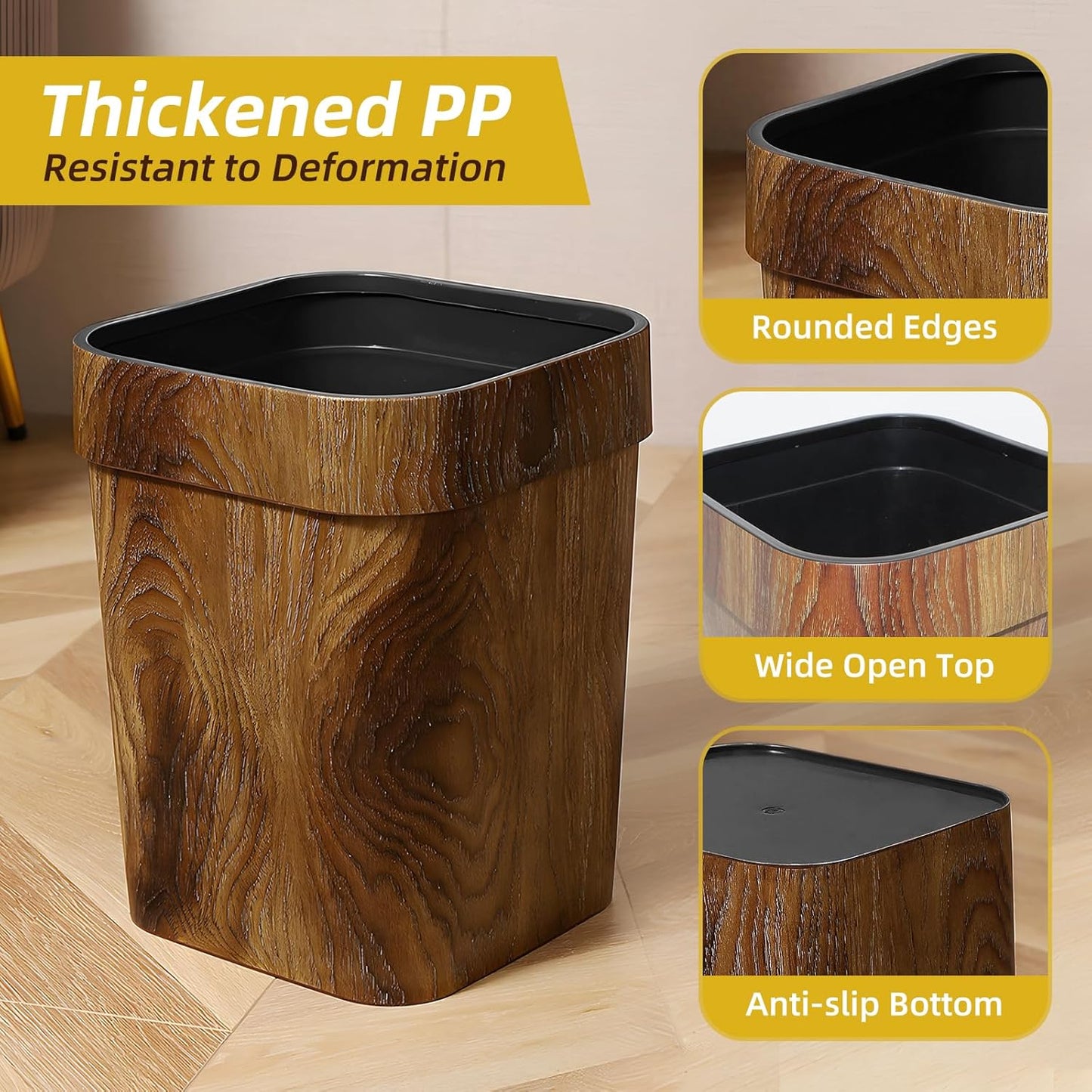 Wood Grain Plastic Trash Can Bedroom, Square 2-Pack, 3.7 Gal Farmhouse Wastebasket Bin Retro Style