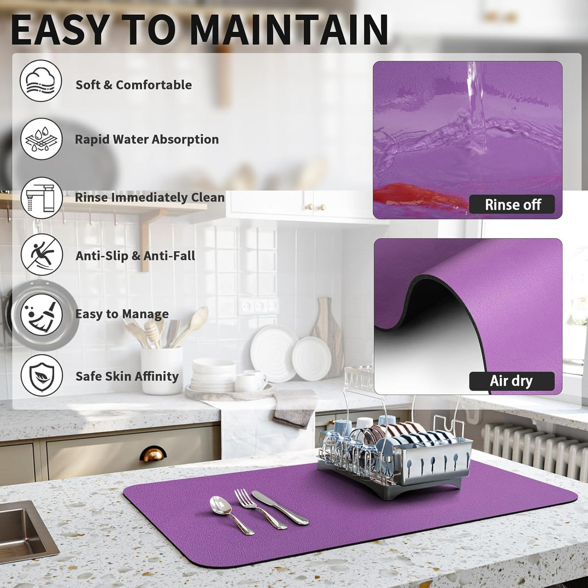Dish Drying Mat for Kitchen Counter, Heat Resistant Drainer Mats with Non-slip Rubber Backed, Hide