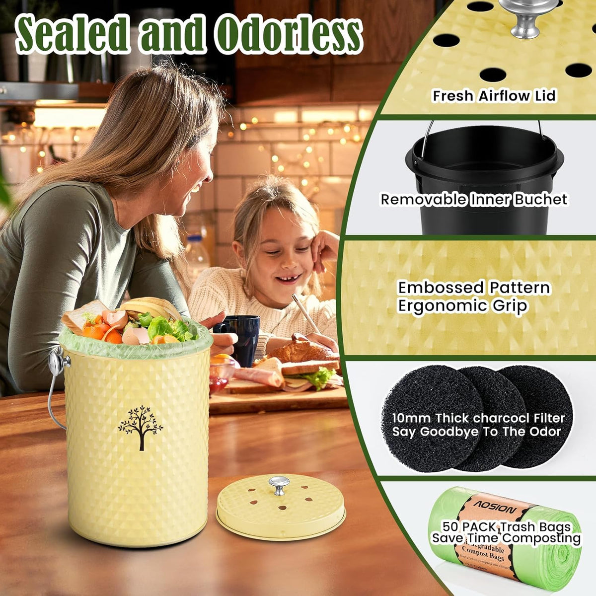 AOSION Countertop Compost Bin Kitchen,Odor Resistant Indoor Compost Bin with Lid and Compost