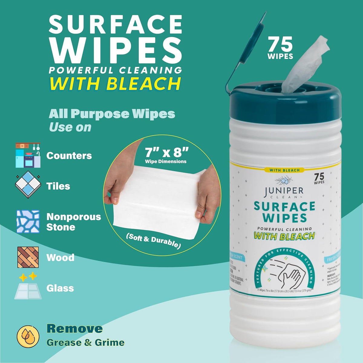 4 Pack Surface Cleaning Wipes with Bleach, All-Purpose Cleaner for Bathroom, Kitchen, Office, 300