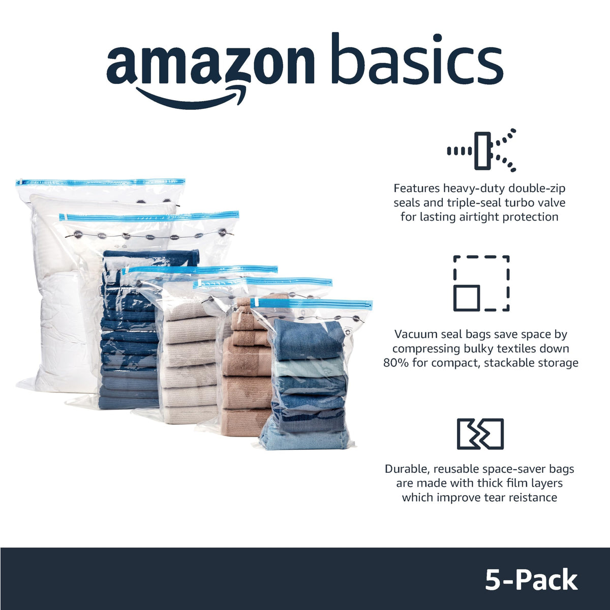 Amazon Basics Vacuum Storage Bags for Clothes, Compression Zipper with Hand Pump, Medium, White