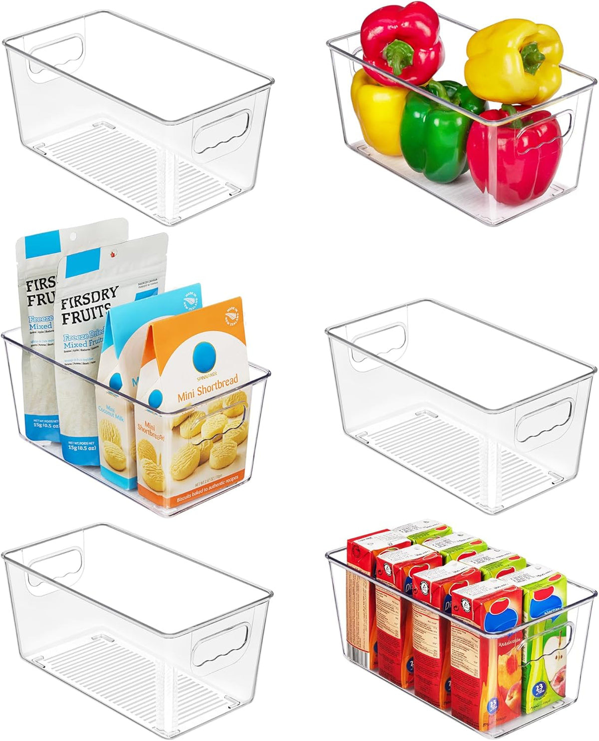 Vtopmart Clear Plastic Pantry Organizer Bins, 6 PCS Food Storage Bins with Handle for Refrigerator