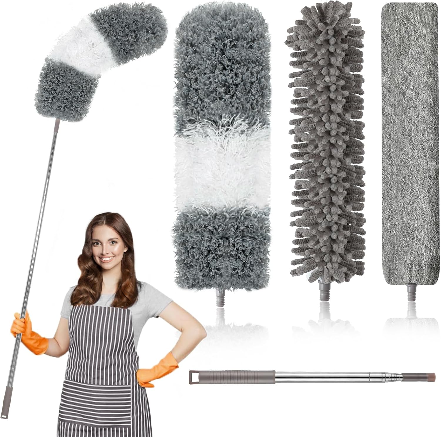 Microfiber Duster, 4PCS with Extension Pole(Stainless Steel) 30 to 100 Inches, Reusable Bendable