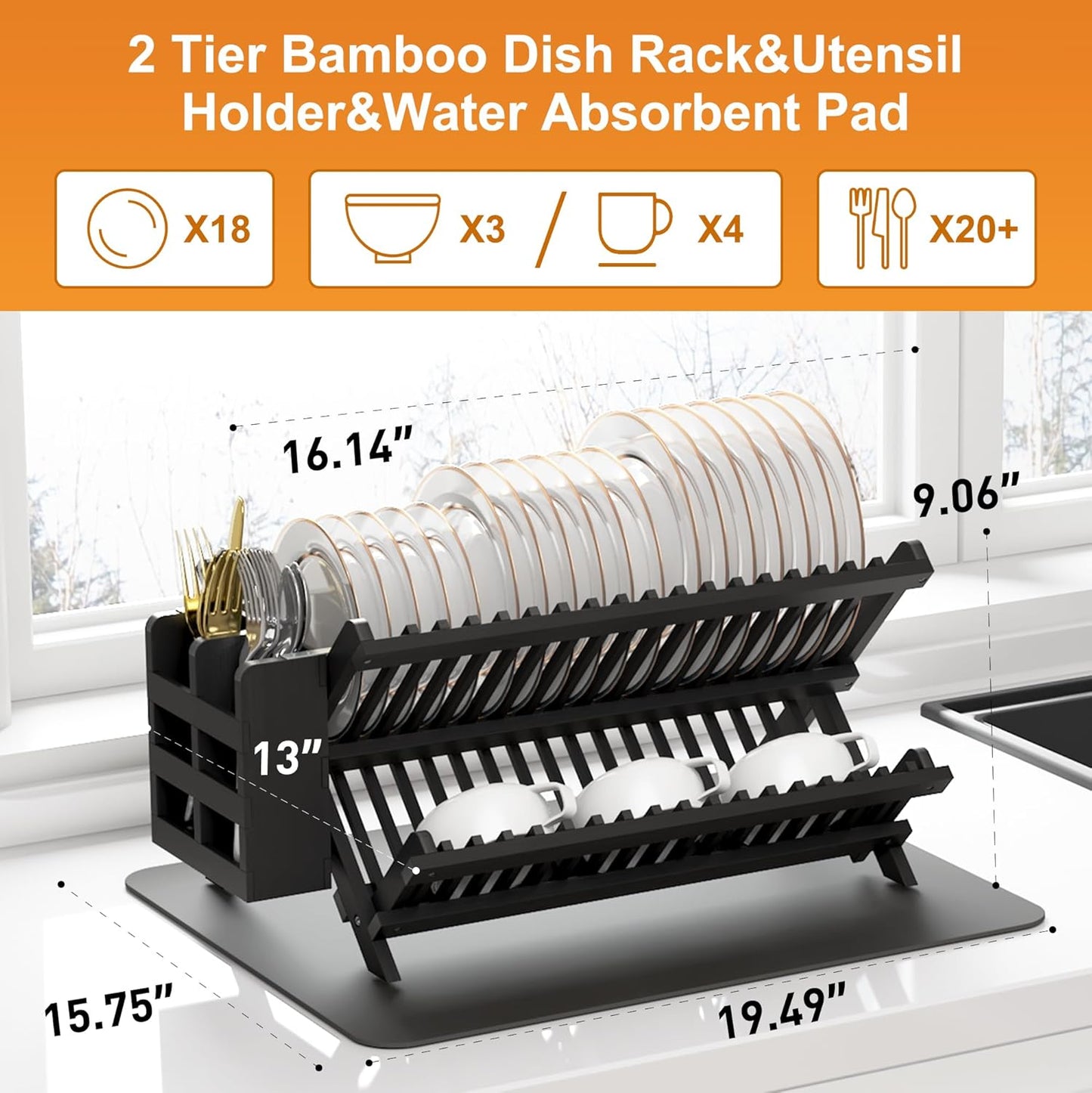 Greenual Black Bamboo Dish Drying Rack with Utensil Holder, 2 Tier Collapsible Dish Rack, Wooden