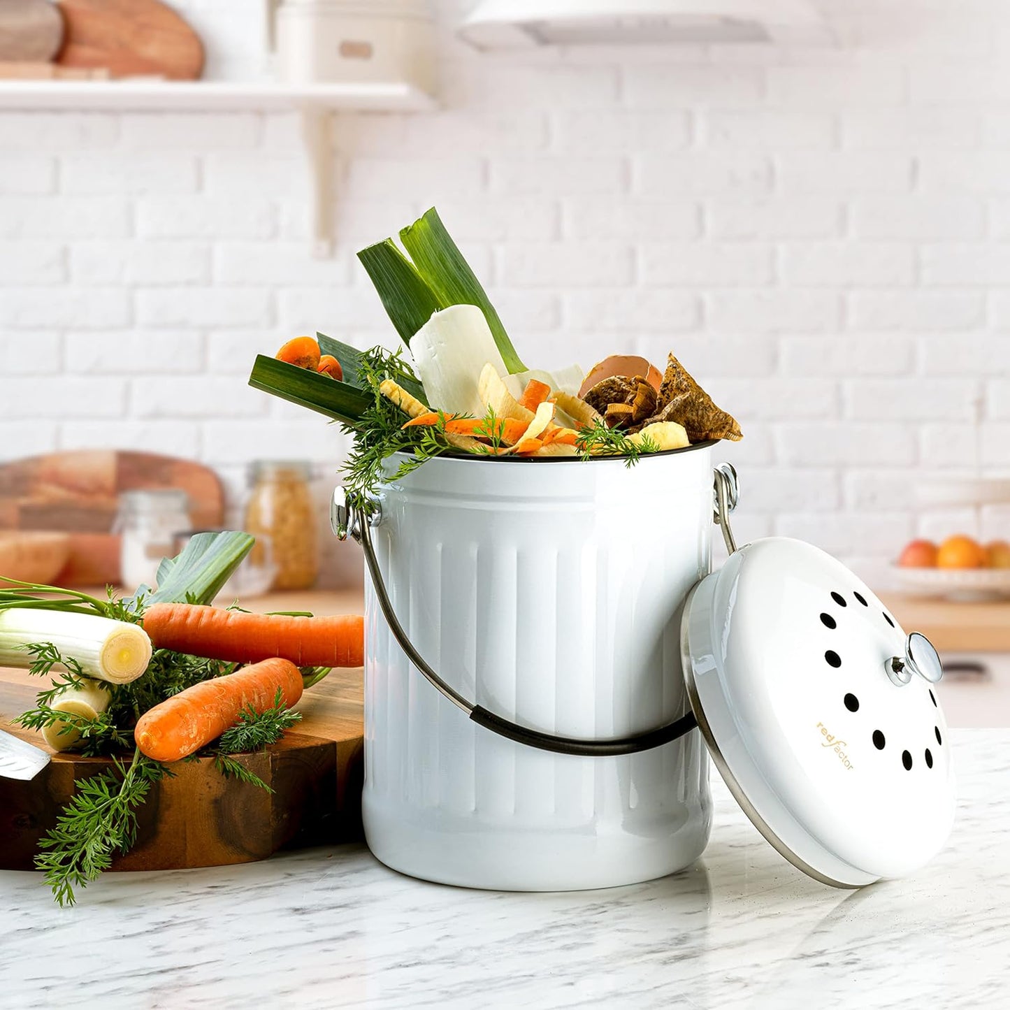 RED FACTOR Premium Compost Bin for Kitchen Countertop - Stainless Steel Food Waste Bucket with
