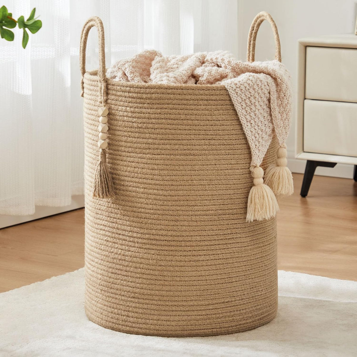Jute Woven Rope Laundry Hamper, Tall Laundry Basket for Blanket Storage, Large Dirty Clothes Hamper