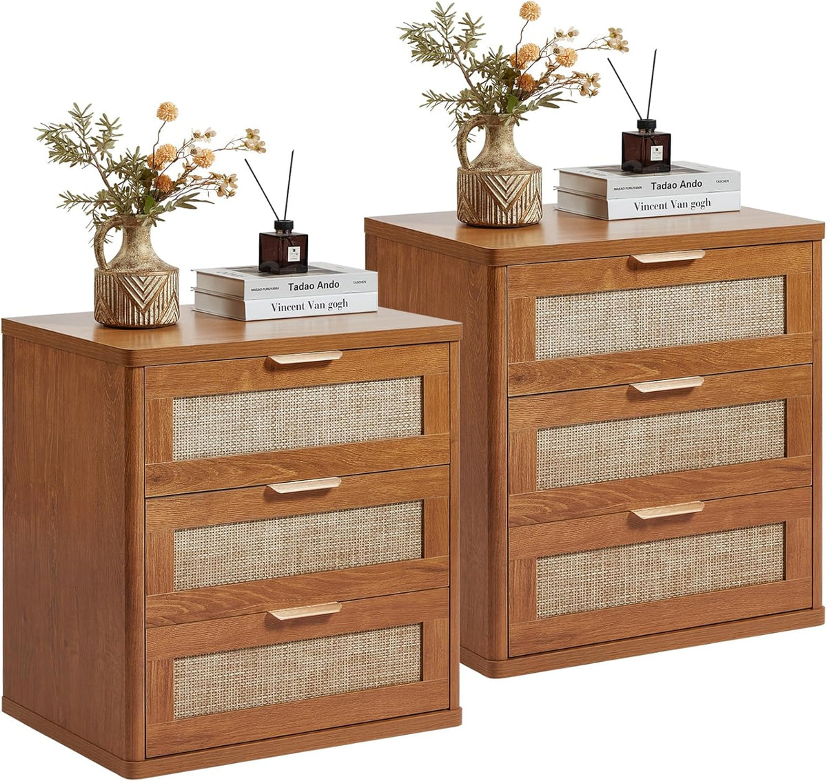 LEYAOYAO Rattan Night Stand Set of 2 with Drawers, 23" Large 3 Drawer Boho Nightstand, Natural Wood