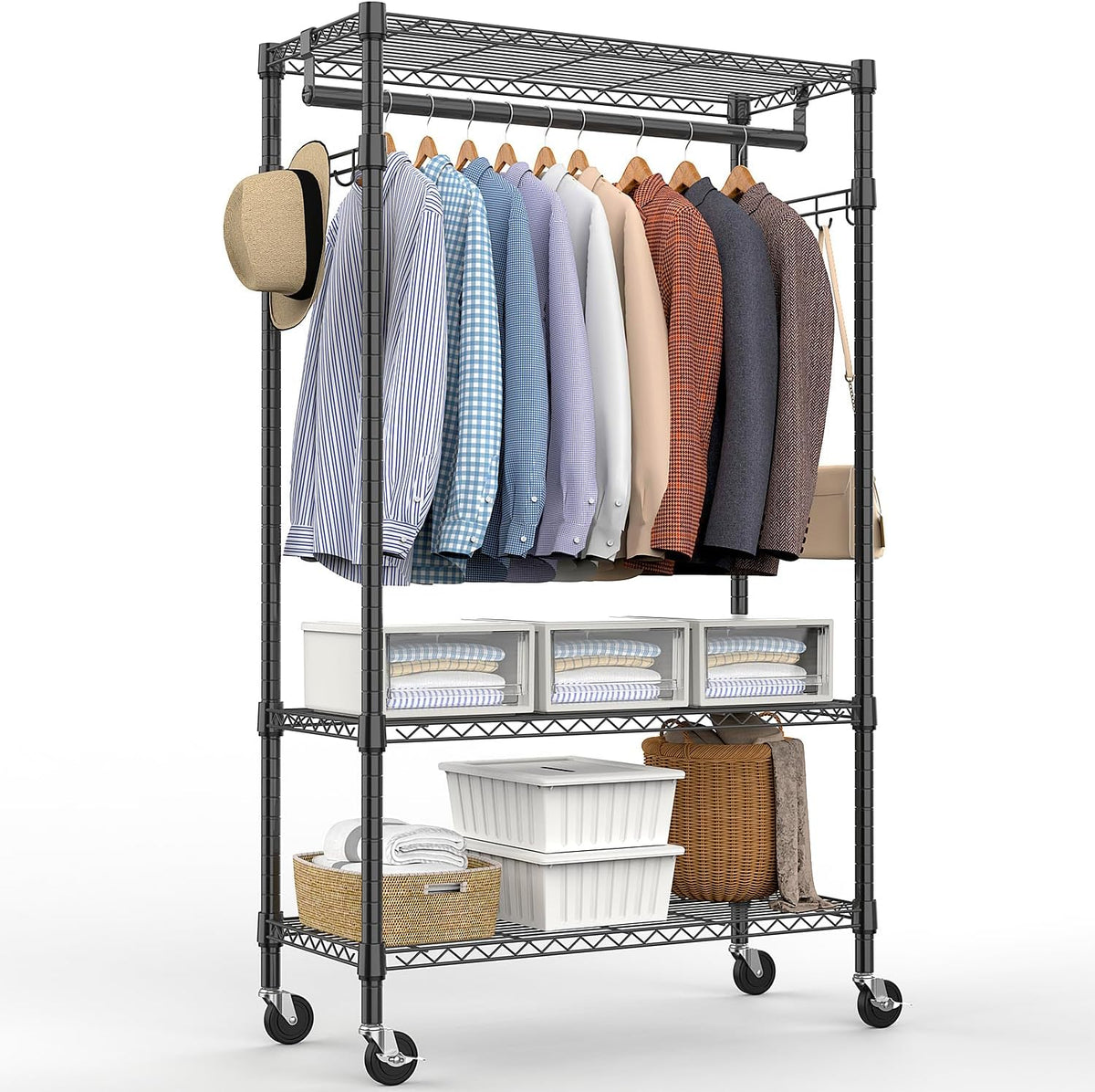Heavy Duty Rolling Garment Rack 3 Tiers Adjustable Wire Shelving Clothes Rack with Rods and Side