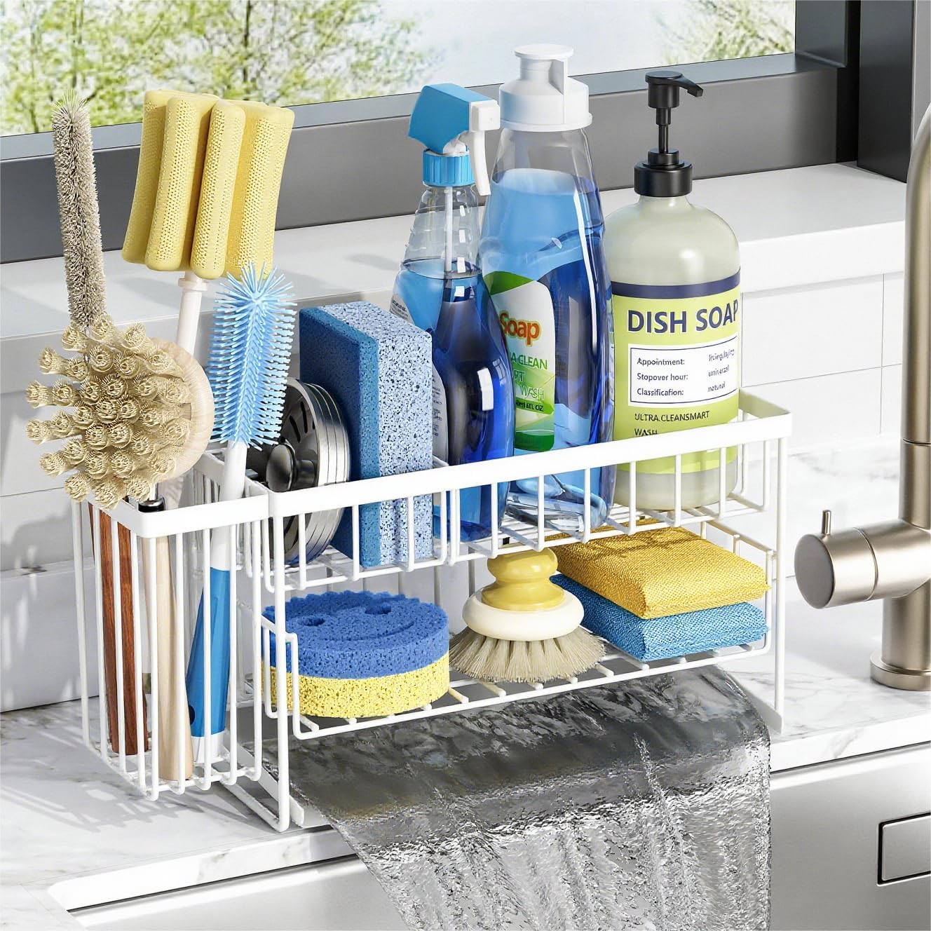 Cisily White 2-Tier Kitchen Sink Caddy Organzier Rack with Flexible Dish Brush Holder, Sponge