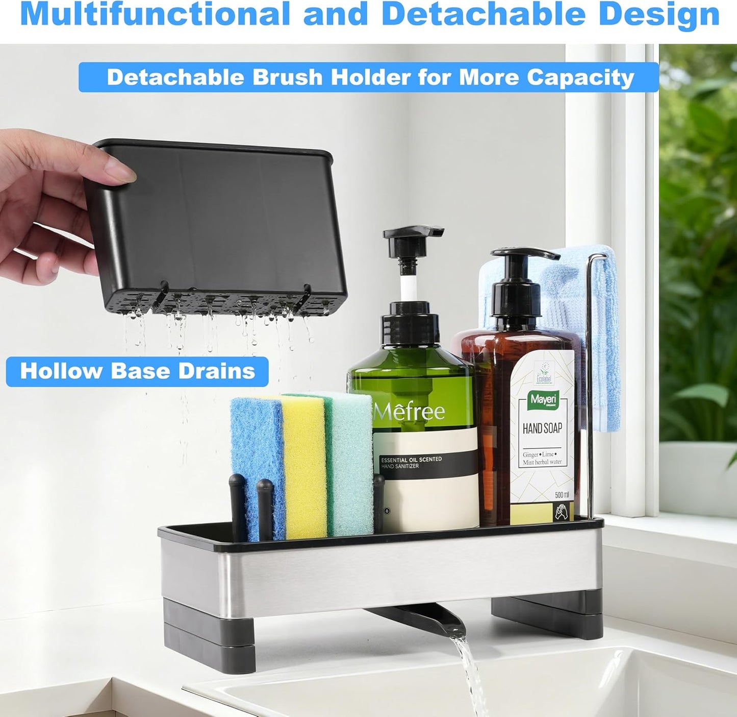 Stainless Steel Sponge Holder for Kitchen Sink Caddy Organizer Rack for Dish Brush Holder, Soap